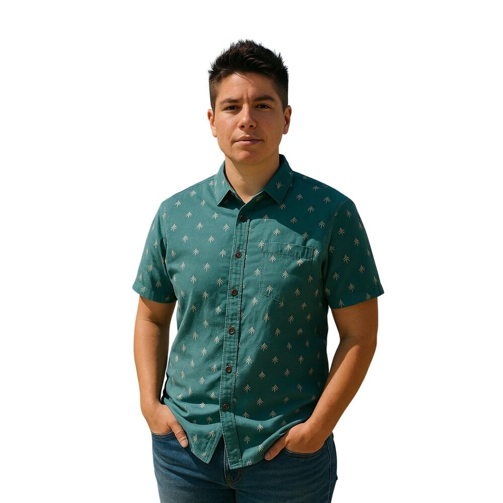 PrAna Slim Fit Organic Cotton Button Down Shirt L Teal Leaf Print sustainable